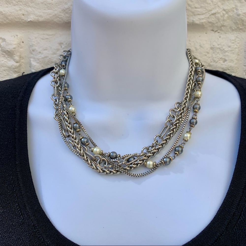 16” Multi-Strand Silver-Tone Necklace with Grey and White Faux Pearls